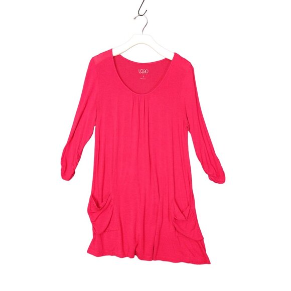 LOGO LORI GOLDSTEIN Womens Tunic Top SZ S Pockets Cinched Cuffs‎ Pink Pleat Neck - Picture 1 of 10